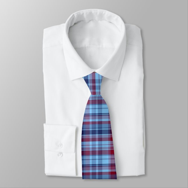 Sky Blue Navy Burgundy Preppy Madras Neck Tie (Tied)