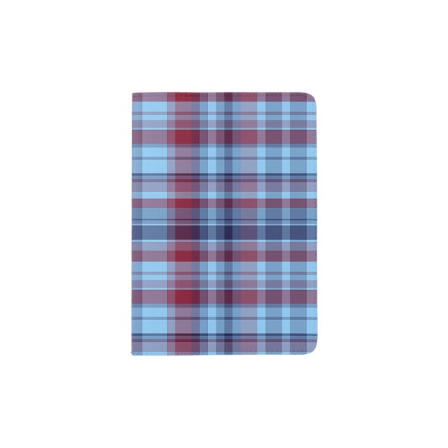 Sky Blue Navy Burgundy Preppy Madras Passport Holder (Front)