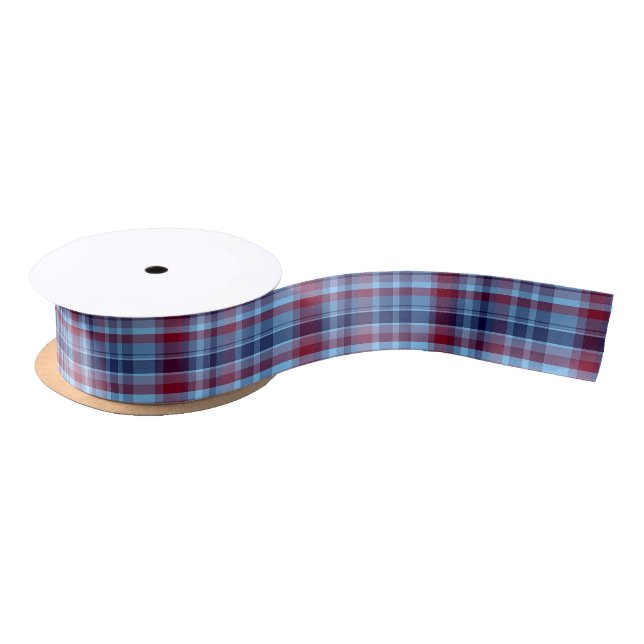 Sky Blue Navy Burgundy Preppy Madras Satin Ribbon (Spool)