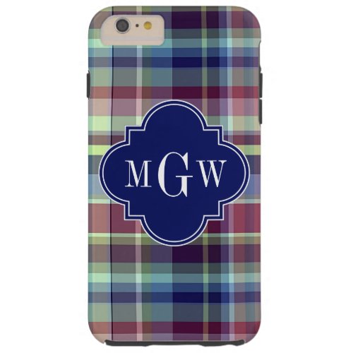 Sky Blue Navy Burgundy Wht Preppy Madras Monogram Tough iPhone 6 Plus Case