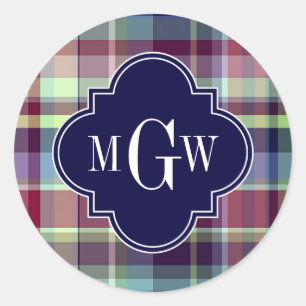 Sky Blue Navy Burgundy Wht Preppy Madras Monogram Classic Round Sticker