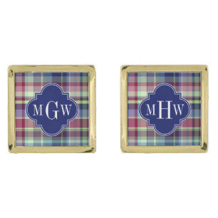 Sky Blue Navy Burgundy Wht Preppy Madras Monogram Cufflinks