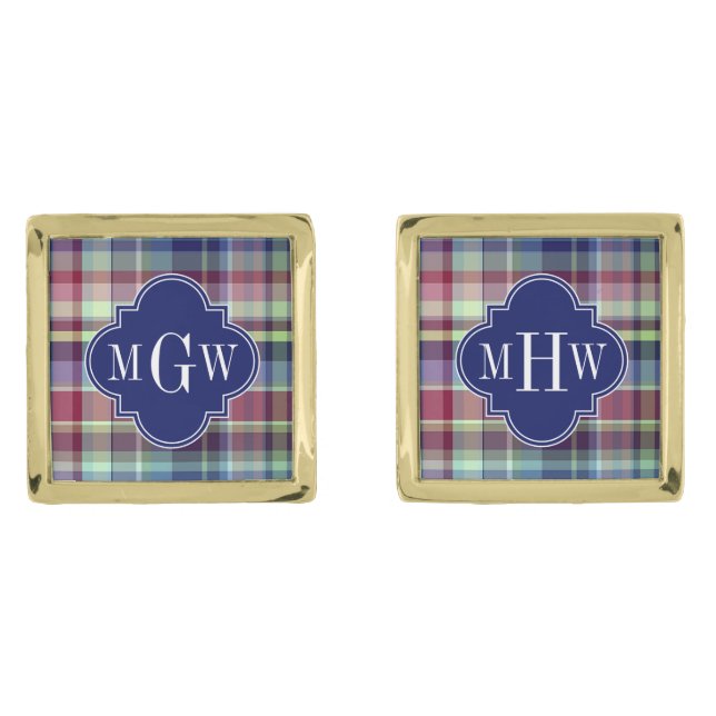 Sky Blue Navy Burgundy Wht Preppy Madras Monogram Cufflinks (Front)