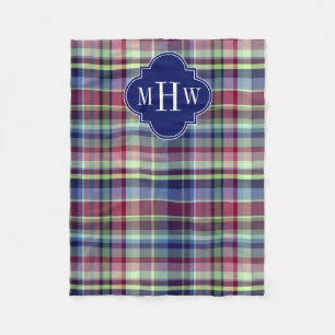 Sky Blue Navy Burgundy Wht Preppy Madras Monogram Fleece Blanket