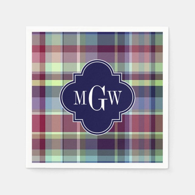Sky Blue Navy Burgundy Wht Preppy Madras Monogram Napkins (Front)