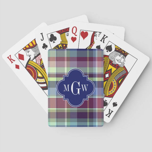 Sky Blue Navy Burgundy Wht Preppy Madras Monogram Poker Cards (Back)
