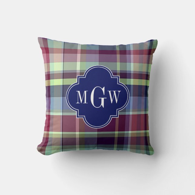 Sky Blue Navy Burgundy Wht Preppy Madras Monogram Throw Pillow (Front)