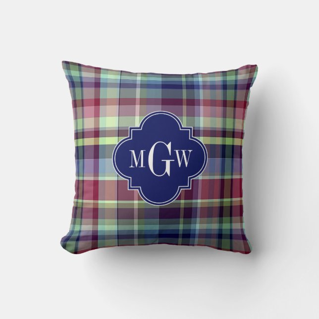 Sky Blue Navy Burgundy Wht Preppy Madras Monogram Throw Pillow (Front)