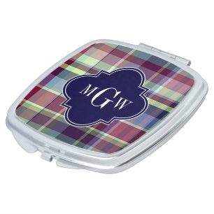 Sky Blue Navy Burgundy Wht Preppy Madras Monogram Vanity Mirror