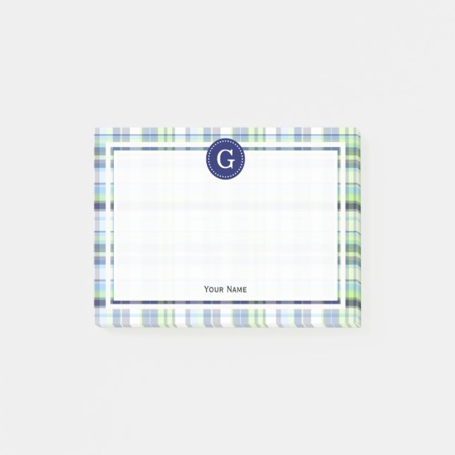 Sky Blue Navy Pistachio Wt Madras Plaid 1IR Framed Post-it Notes (Front)