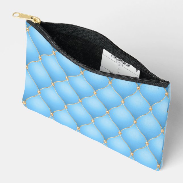 Sky Blue Ogee Gold Diamond Tufted Accessory Pouch (Open)