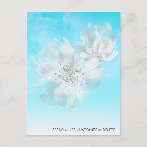 *~* Sky Blue Ombre Clouds Flowers Glitter Postcard