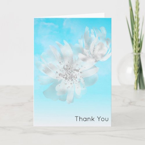 *~* Sky Blue Ombre Clouds Flowers Glitter Thank You Card