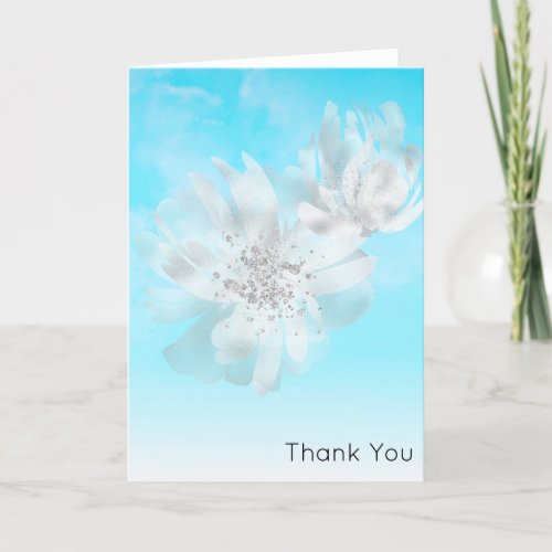  Sky Blue Ombre Clouds Flowers Glitter Thank You Card