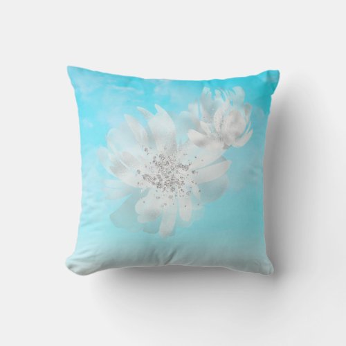  Sky Blue Ombre Clouds White Flowers Glitter Throw Pillow