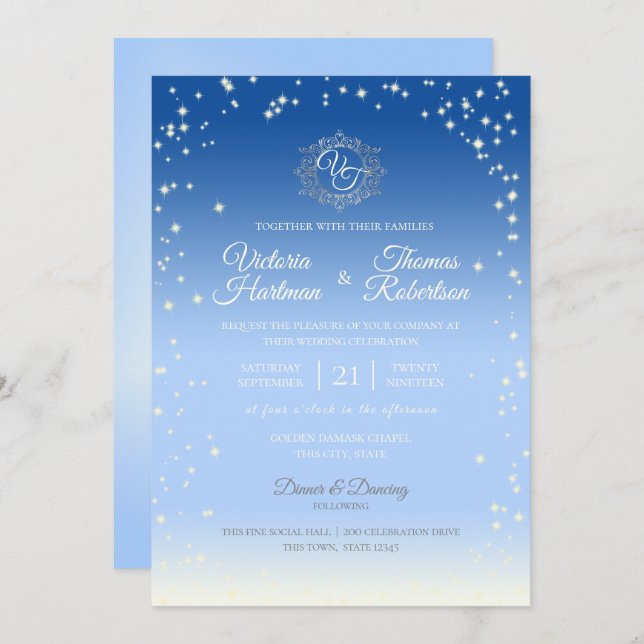 Sky Blue Ombre' Sparkle Wedding Invitation (Front/Back)