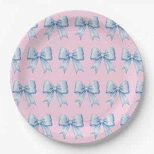 Sky Blue on Pink Vintage Satin Bow Pattern Paper Plates