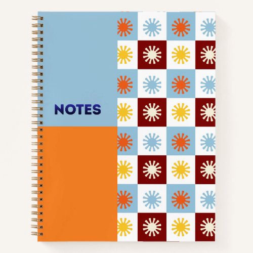 Sky Blue Orange Sunburst Checkerboard Notebook - L