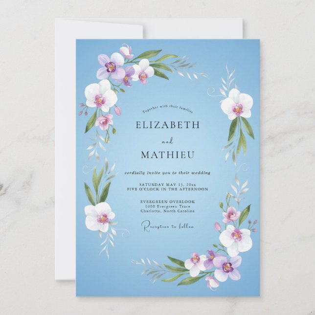 Sky Blue Orchid Botanical Wedding Invitation (Front)