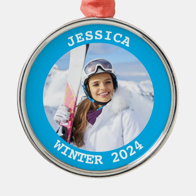 Sky Blue Personalized Round Family Photo Metal Ornament (Front)