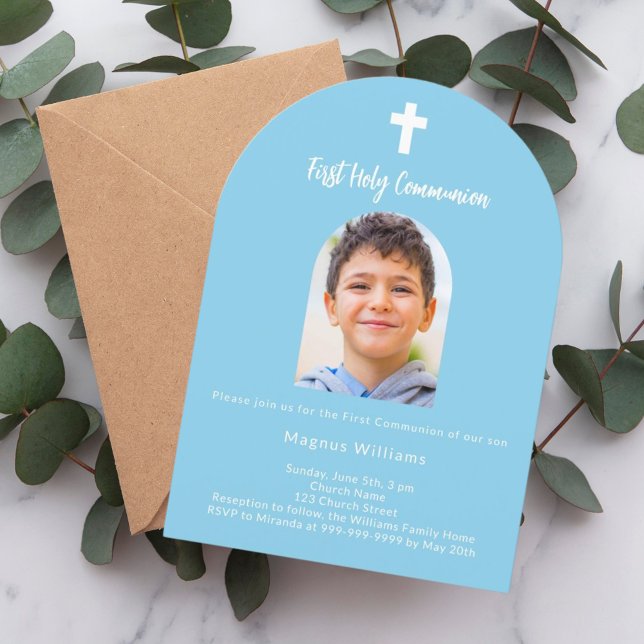 Sky blue photo arch boy First Holy Communion Invitation (Creator Uploaded)
