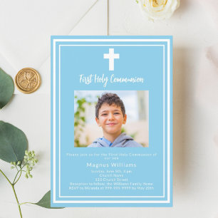Sky blue photo boy First Holy Communion Invitation
