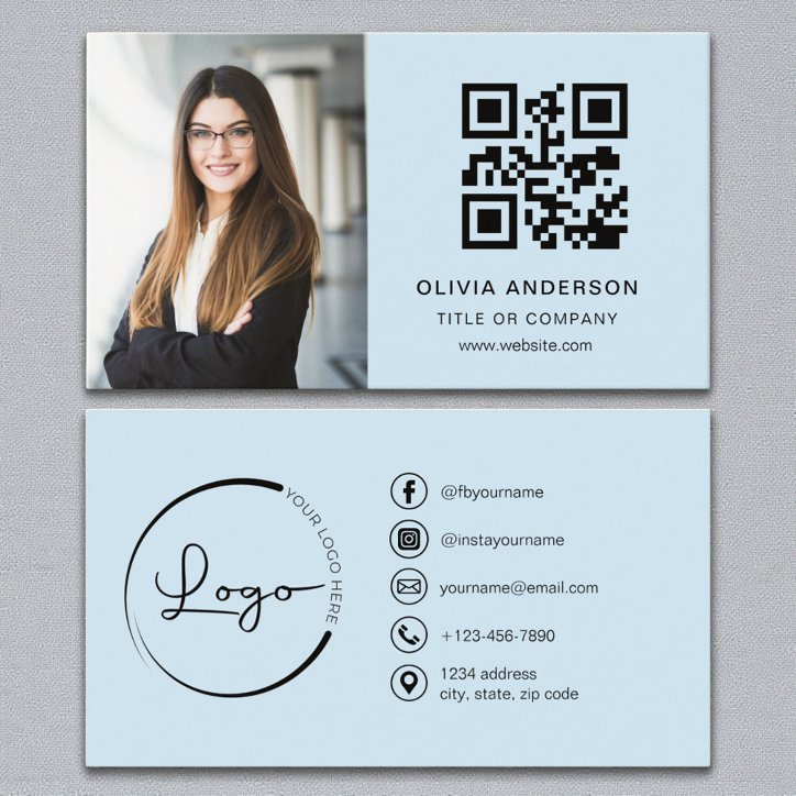 Sky Blue Photo White QR Code Social Media Business Card