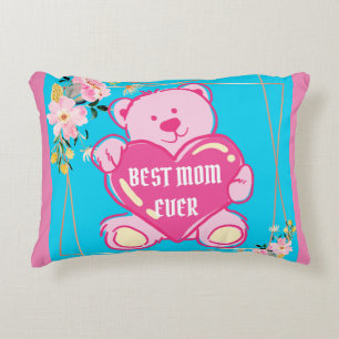 Sky Blue Pink Chic Teddy Bear Heart Floral Design Accent Pillow