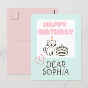 Sky blue&Pink Happy Birthday Cat Postcard