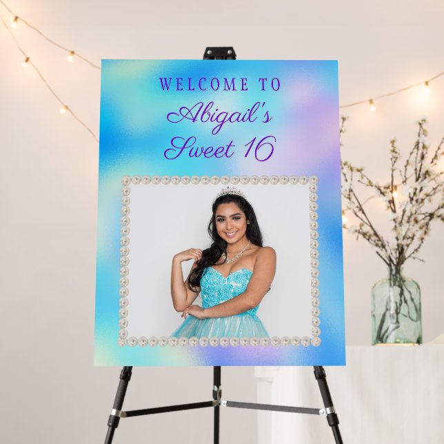 Sky Blue Pink White Pearls Photo Sweet 16 Welcome Foam Board (In Situ (Stand))