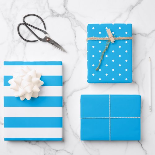 Sky Blue Polka Dot Wide Striped and Solid Wrapping Paper Sheets