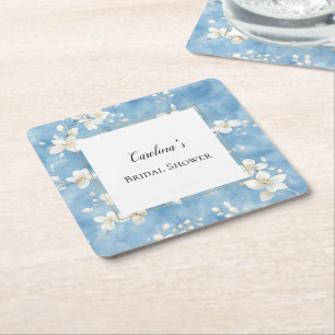 Sky Blue Pretty White Flowers Bridal Shower Square Paper Coaster