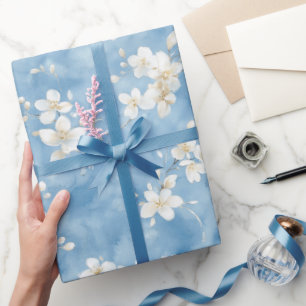 Sky Blue Pretty White Flowers Bridal Shower Wrapping Paper