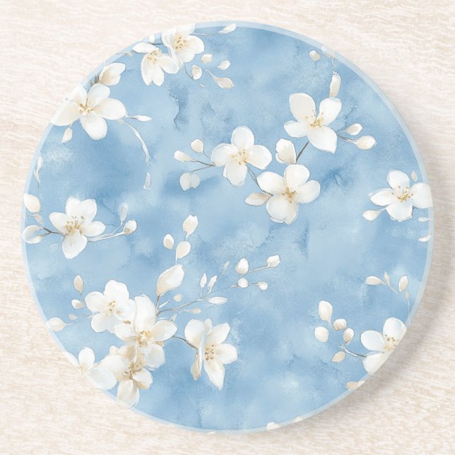 Sky Blue Pretty White Flowers Coaster (Front)