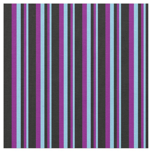 Sky Blue, Purple & Black Lined/Striped Pattern Fabric (Close Up)