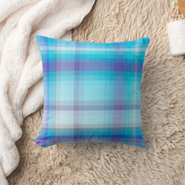 Sky Blue Purple Plaid Decorative Throw Pillow (Blanket)