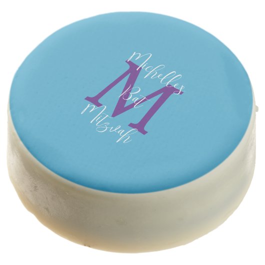 Sky Blue Purple White Bat Mitzvah Name Monogram Chocolate Covered Oreo (Angled)