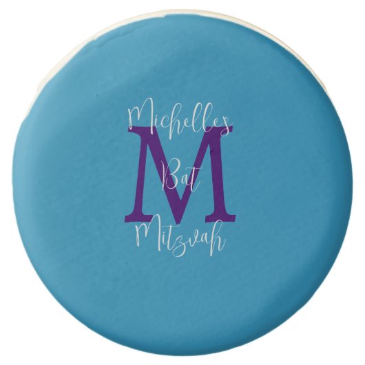 Sky Blue Purple White Bat Mitzvah Name Monogram Chocolate Covered Oreo (Front)