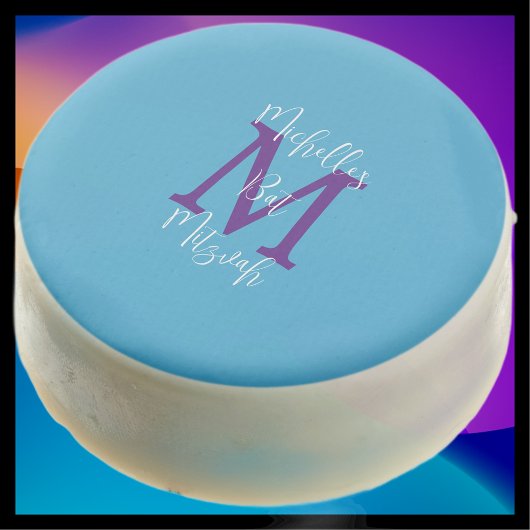Sky Blue Purple White Bat Mitzvah Name Monogram Chocolate Covered Oreo