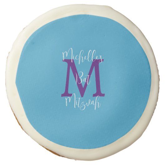 Sky Blue Purple White Bat Mitzvah Name Monogram  Sugar Cookie (Front)