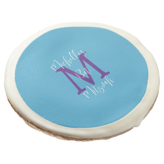 Sky Blue Purple White Bat Mitzvah Name Monogram  Sugar Cookie (Angled)