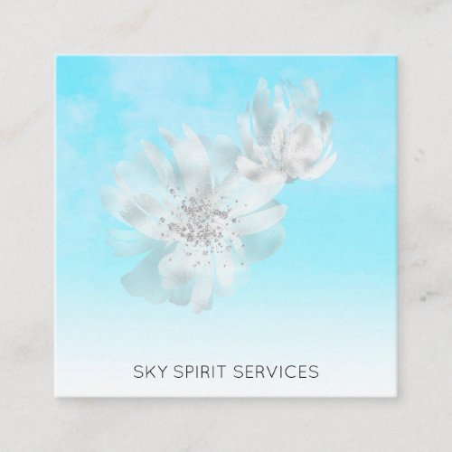  Sky Blue QR  Clouds Flowers Glitter Shimmer Square Business Card