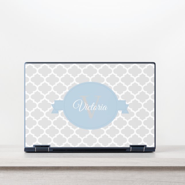 Sky Blue Quatrefoil Personalized HP Laptop Skin (Front)