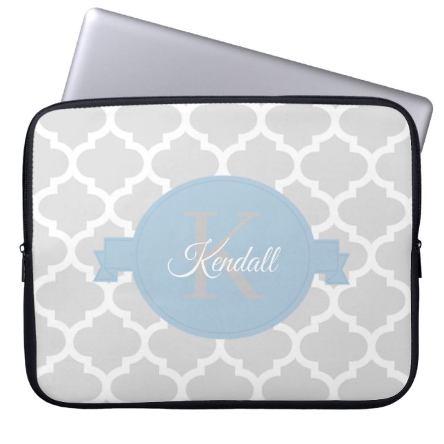 Sky Blue Quatrefoil Personalized Laptop Sleeve (Front)