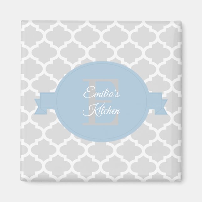 Sky Blue Quatrefoil Personalized Magnet (Front)
