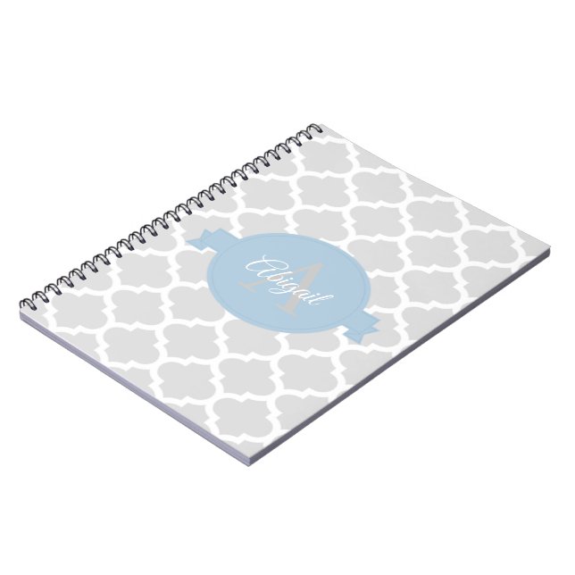 Sky Blue Quatrefoil Personalized Spiral Notebook (Left Side)