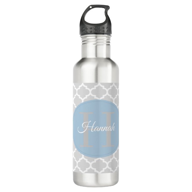 Sky Blue Quatrefoil Personalized Water Bottle (Front)