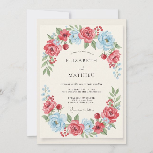 Sky Blue Red Vibrant Spring Wedding Invitation (Front)