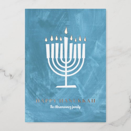 Sky Blue Rose Gold Flame Menorah Foil Holiday Card