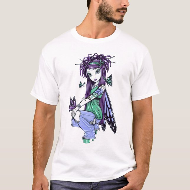 "Sky" Blue Rose Tattoo Butterfly Fairy Plus Size T-Shirt (Front)